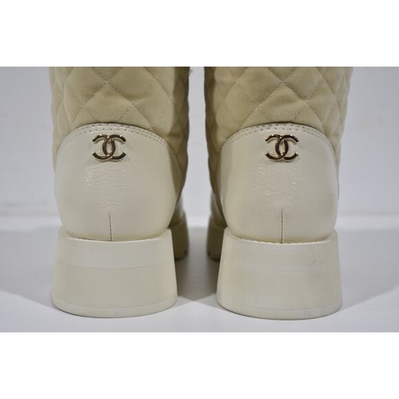Chanel 21K Ivory Velvet Shearling Fur Brave CC Lace Up Tie Ankle Tall Boots 36 - Picture 11 of 12